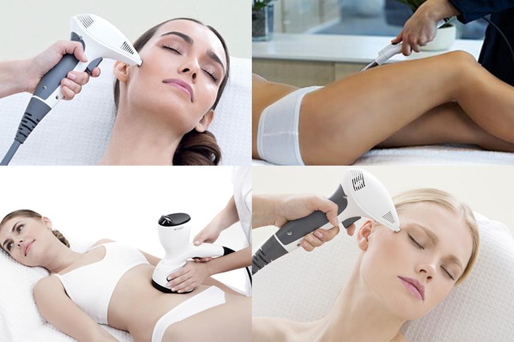 a collage of photos of a woman using receiving different skin treatments